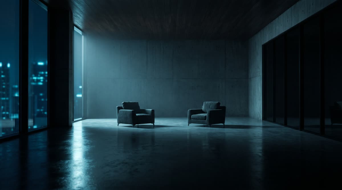 Twee lege donkere fauteuils tegenover elkaar in een betonnen ruimte, naast een raam met een blauw verlichte stad erachter