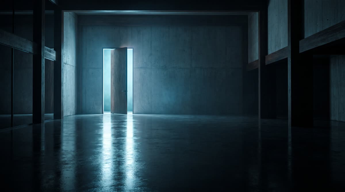 Donkere betonnen ruimte met een openstaande deur in de achterwand waar blauw licht doorheen valt en een lichtbaan over de vloer legt