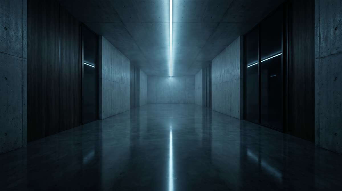 Lange lege betonnen gang recht van voren, met een doorlopende blauwe lichtlijn in het plafond naar een verdwijnpunt en de weerspiegeling in de vloer