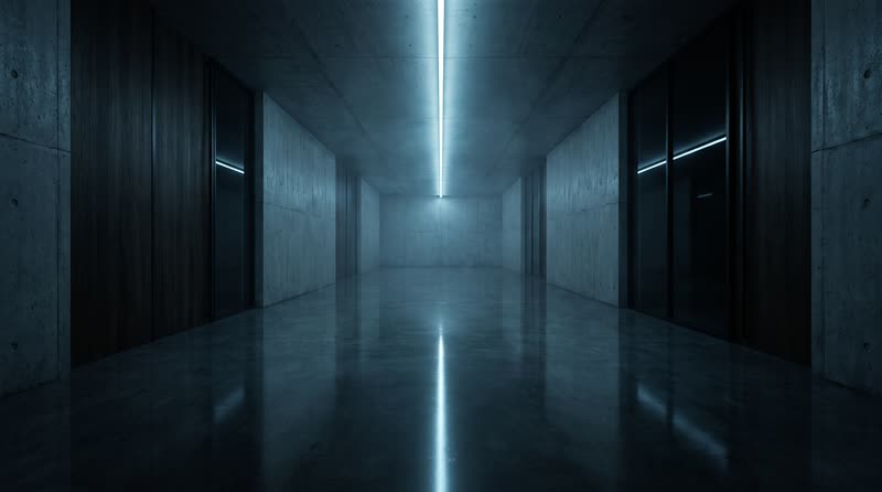 Lange lege betonnen gang recht van voren, met een doorlopende blauwe lichtlijn in het plafond naar een verdwijnpunt en de weerspiegeling in de vloer