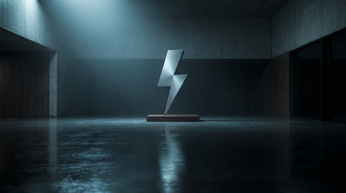 Metalen bliksemsculptuur op een lage donkere sokkel midden in een lege betonnen zaal, aangelicht van bovenaf en weerspiegeld in de vloer