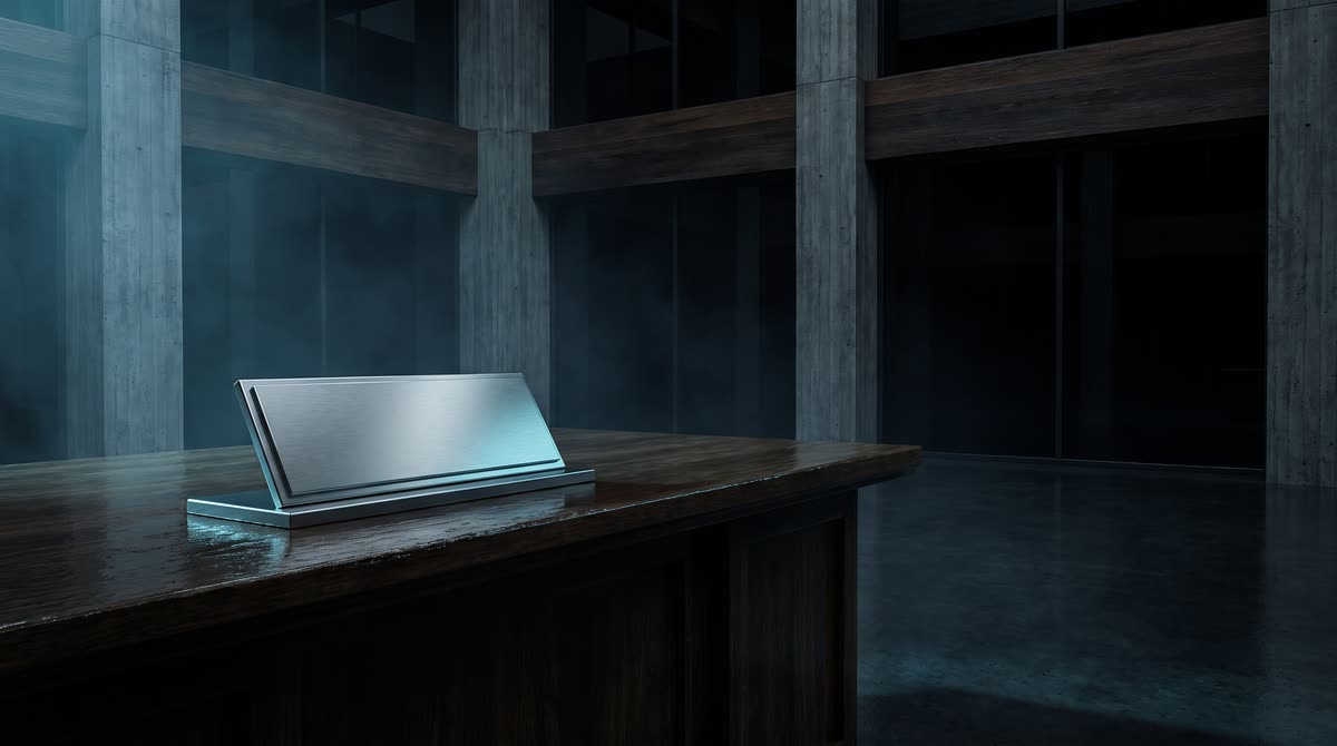 Blanco geborsteld metalen plaat op een standaard, op een donker houten bureau in een betonnen ruimte, van opzij aangelicht in blauw
