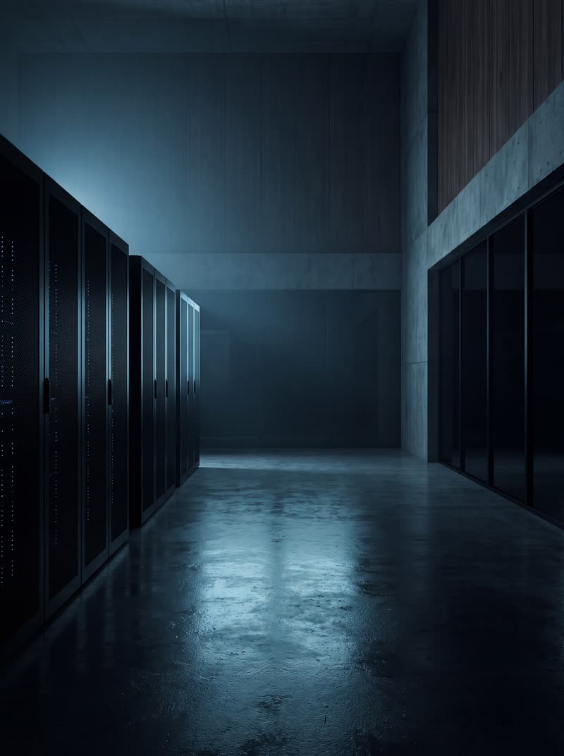 Rij zwarte serverkasten met geperforeerde deuren langs een betonnen wand, met blauwe statuslampjes erachter en blauwe weerkaatsing op de vloer